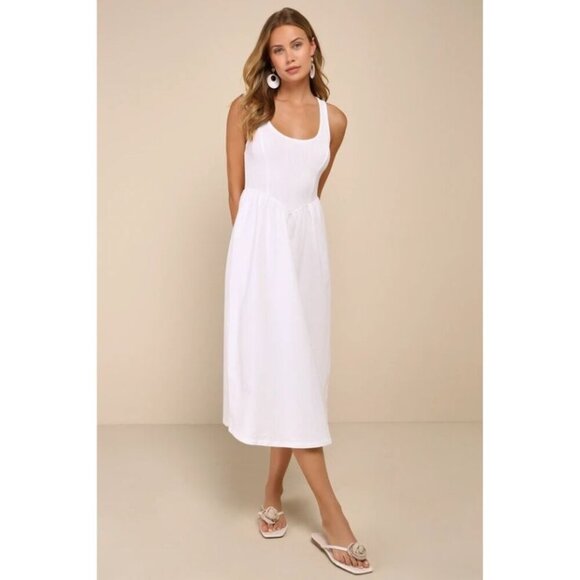 Lulus Summer Beauty White Ribbed Twist-Back Midi Dress – Size Medium - Picture 3 of 6